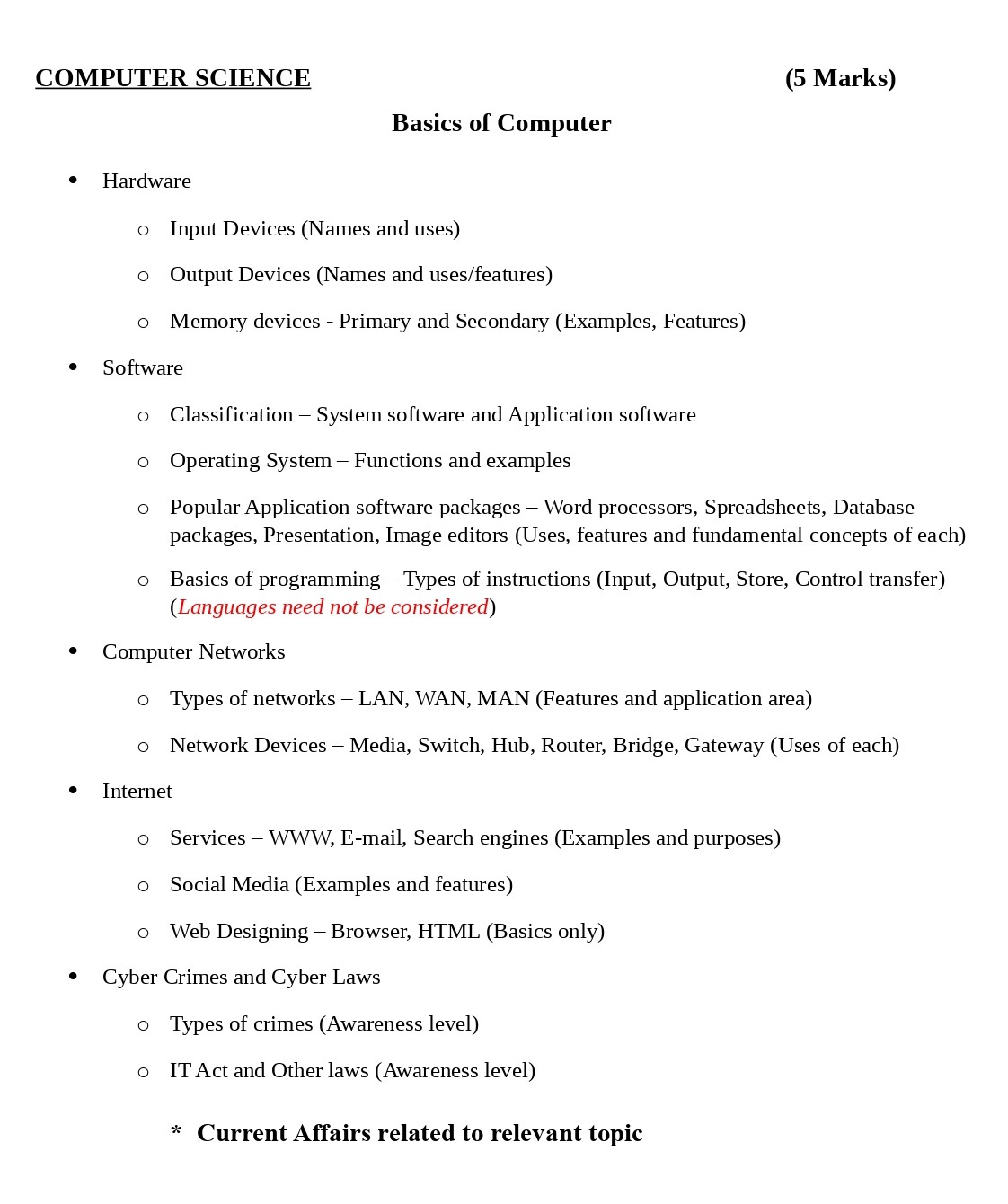KERAL PSC SI PRELIMS SYLLABUS